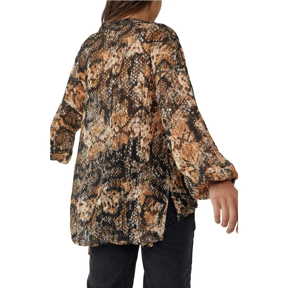 Free People Out For The Night Long Sleeve Blouse Shirt Size Small Snakeskin